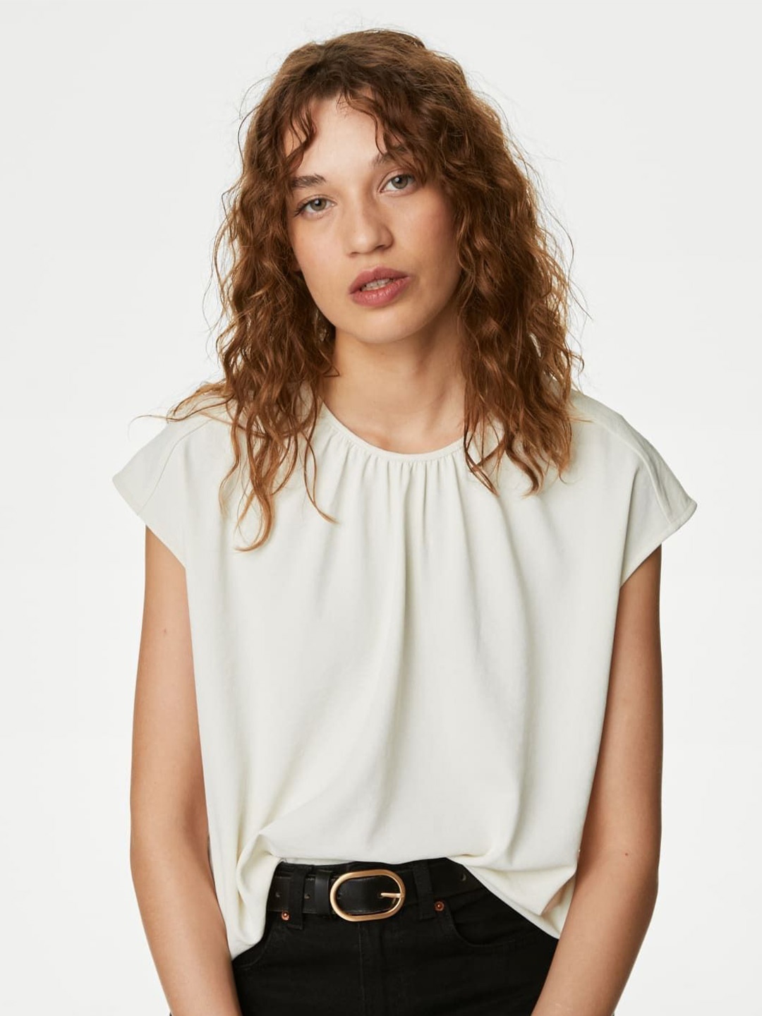 

Marks & Spencer cap Sleeves Gathered or Pleated Top, Off white
