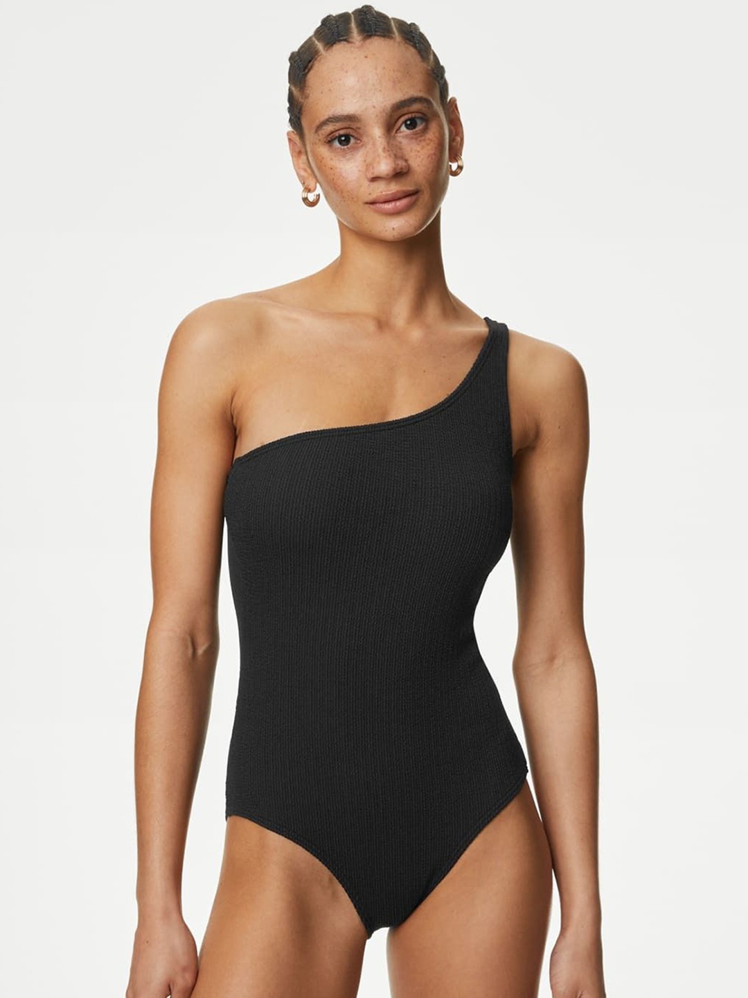 

Marks & Spencer Textured One Shoulder Bodysuit Swimwear, Black