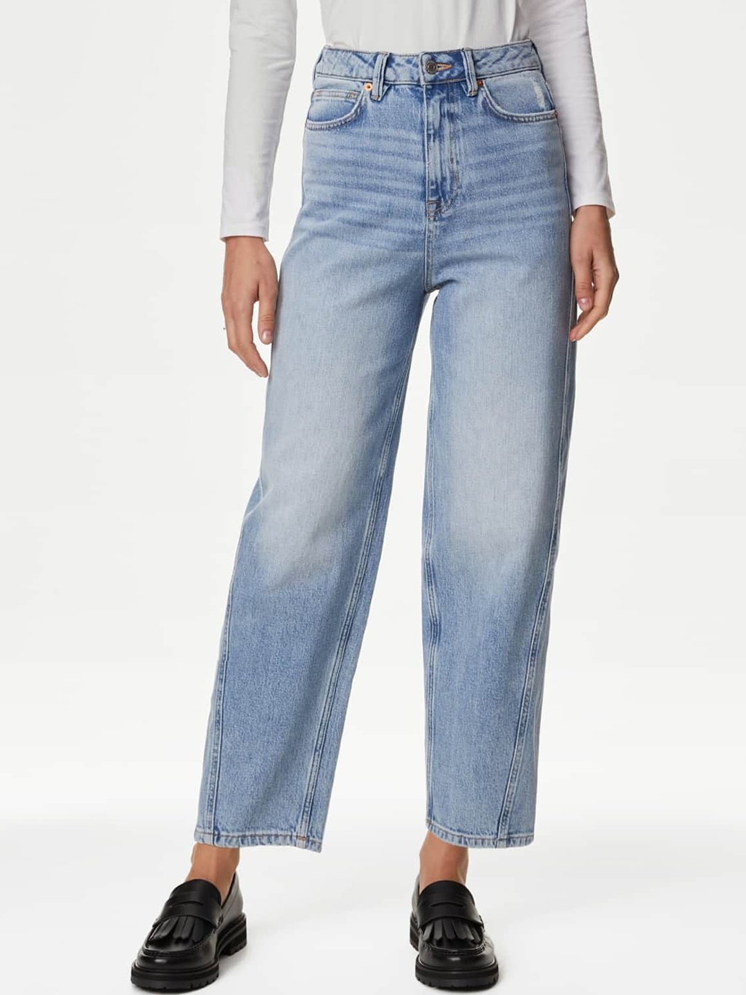 

Marks & Spencer Women Straight Fit High Rise Clean Look Heavy Fade Jeans, Blue