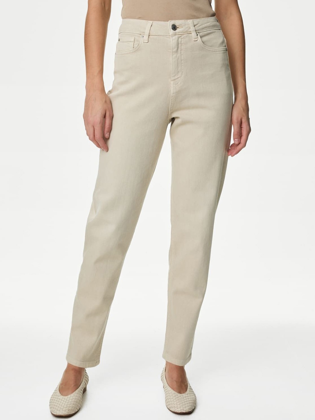 

Marks & Spencer Women Tapered Fit High-Rise Clean Look Stretchable Jeans, Cream