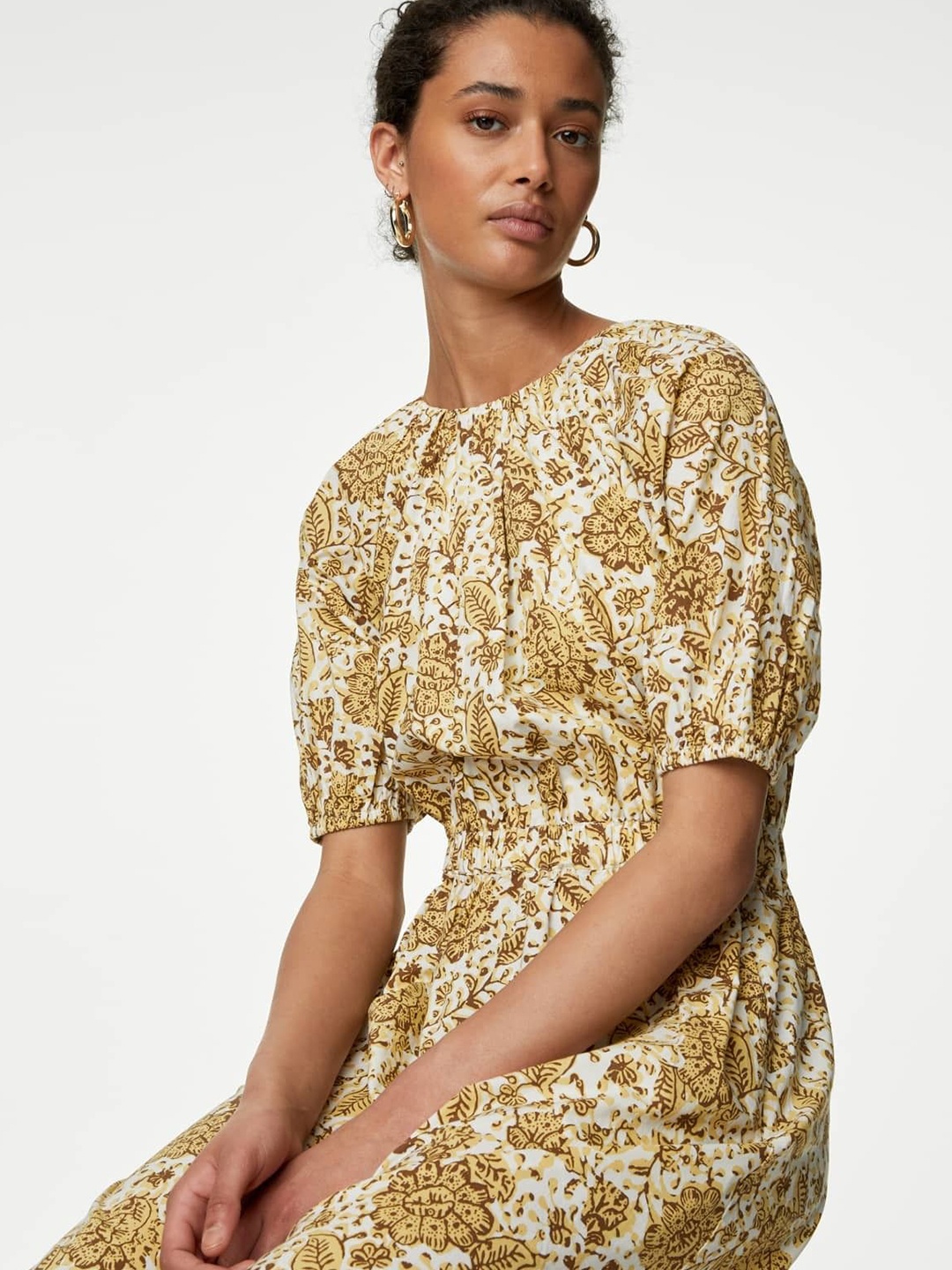 

Marks & Spencer Floral Print Puff Sleeve A-Line Dress, Yellow