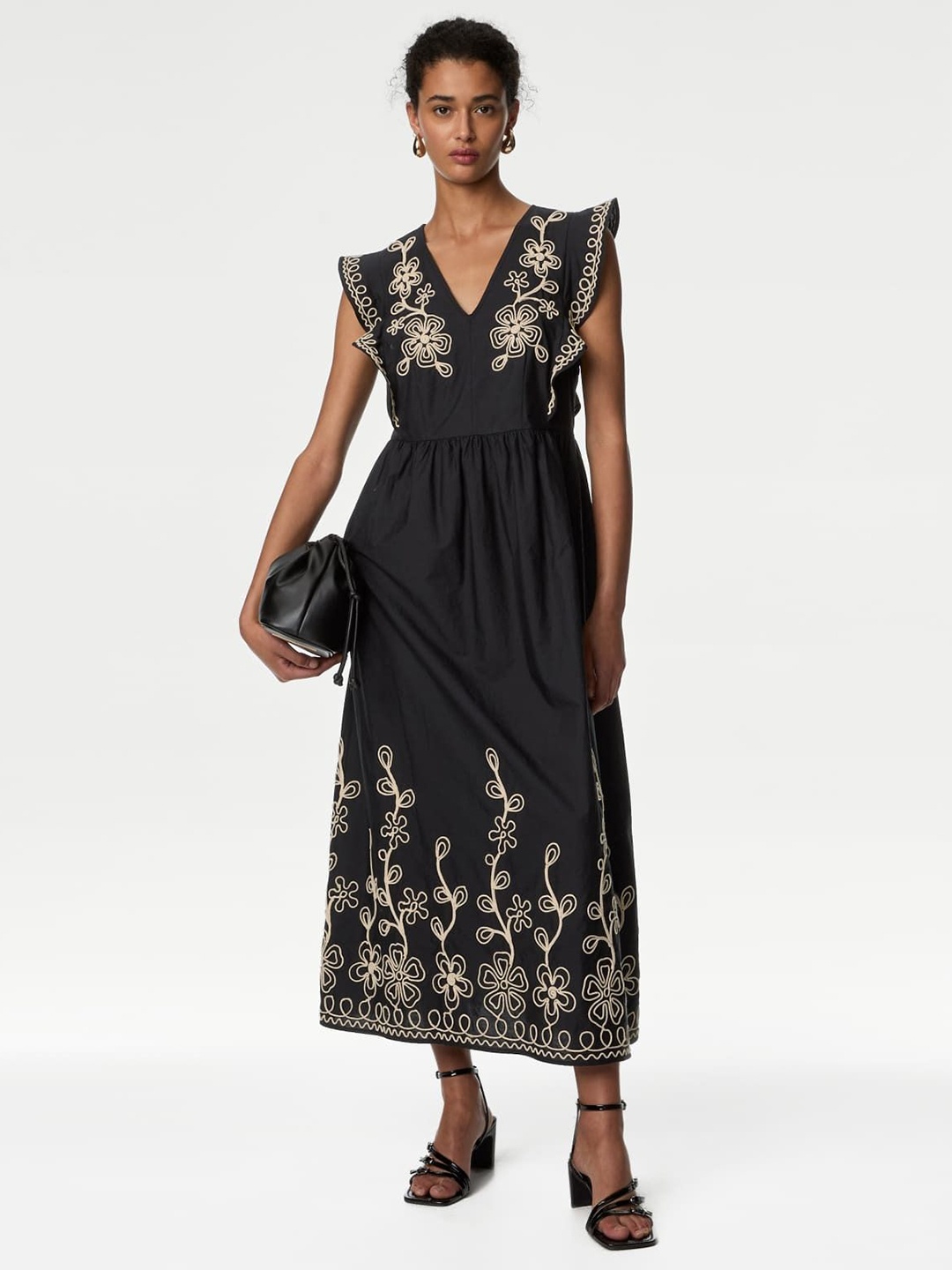 

Marks & Spencer Printed Flutter Sleeve A-Line Dress, Black