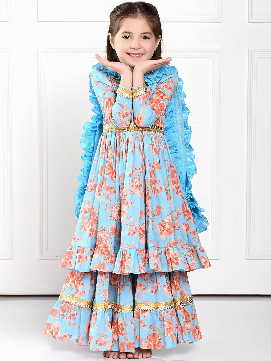 

THE PONY & PEONY CO. Girls Printed Gotta Patti Anarkali Kurta With Sharara & Dupatta, Blue