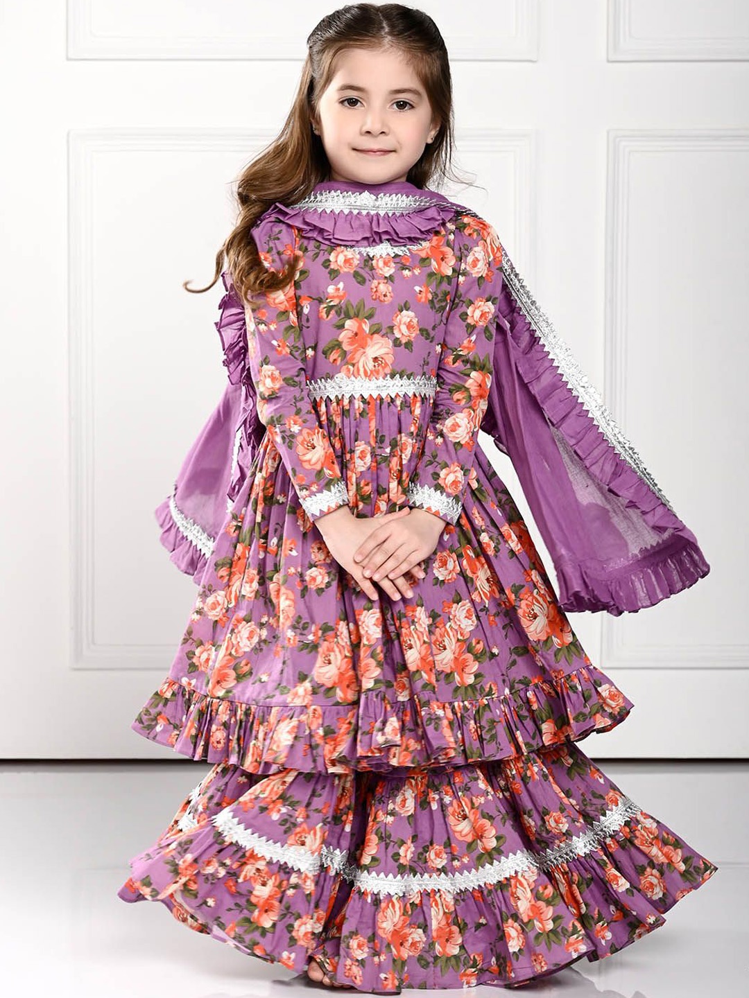 

THE PONY & PEONY CO. Girls Printed Gotta Patti Anarkali Kurta With Sharara & Dupatta, Purple