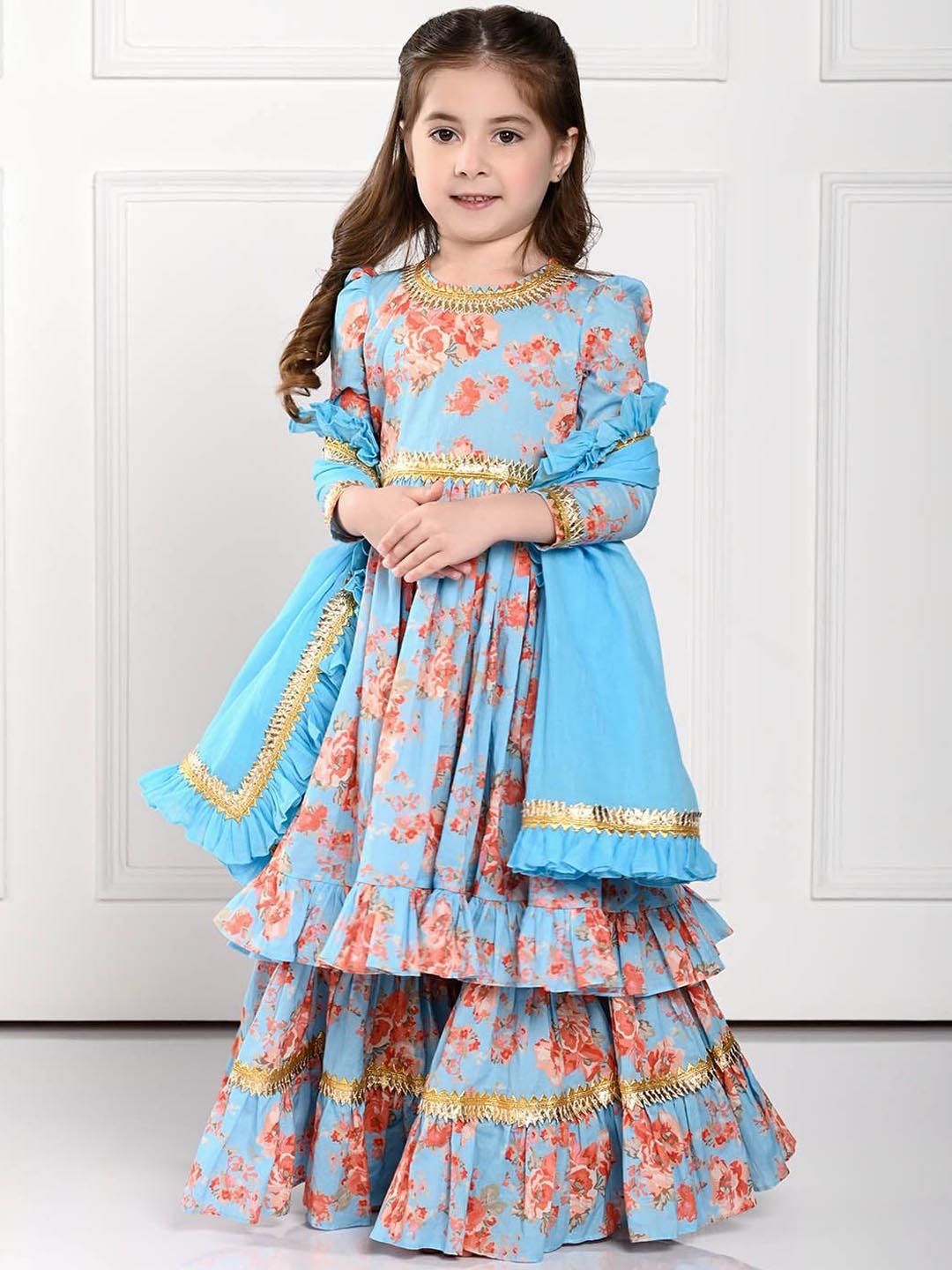 

THE PONY & PEONY CO. Girls Printed Gotta Patti Anarkali Kurta With Sharara & Dupatta, Blue