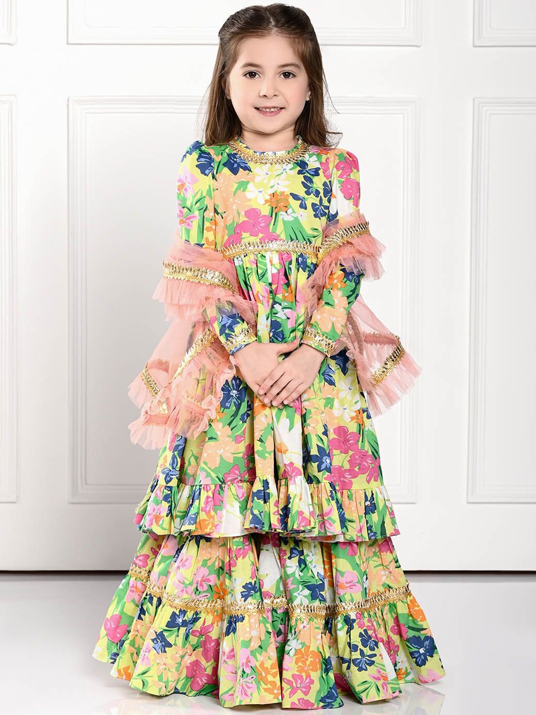 

THE PONY & PEONY CO. Girls Printed Gotta Patti Anarkali Kurta With Sharara & Dupatta, Green