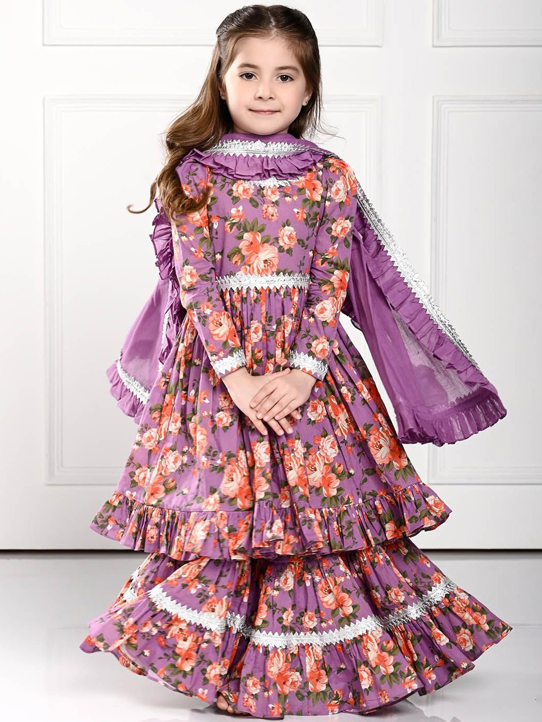 

THE PONY & PEONY CO. Girls Printed Gotta Patti Anarkali Kurta With Sharara & Dupatta, Violet