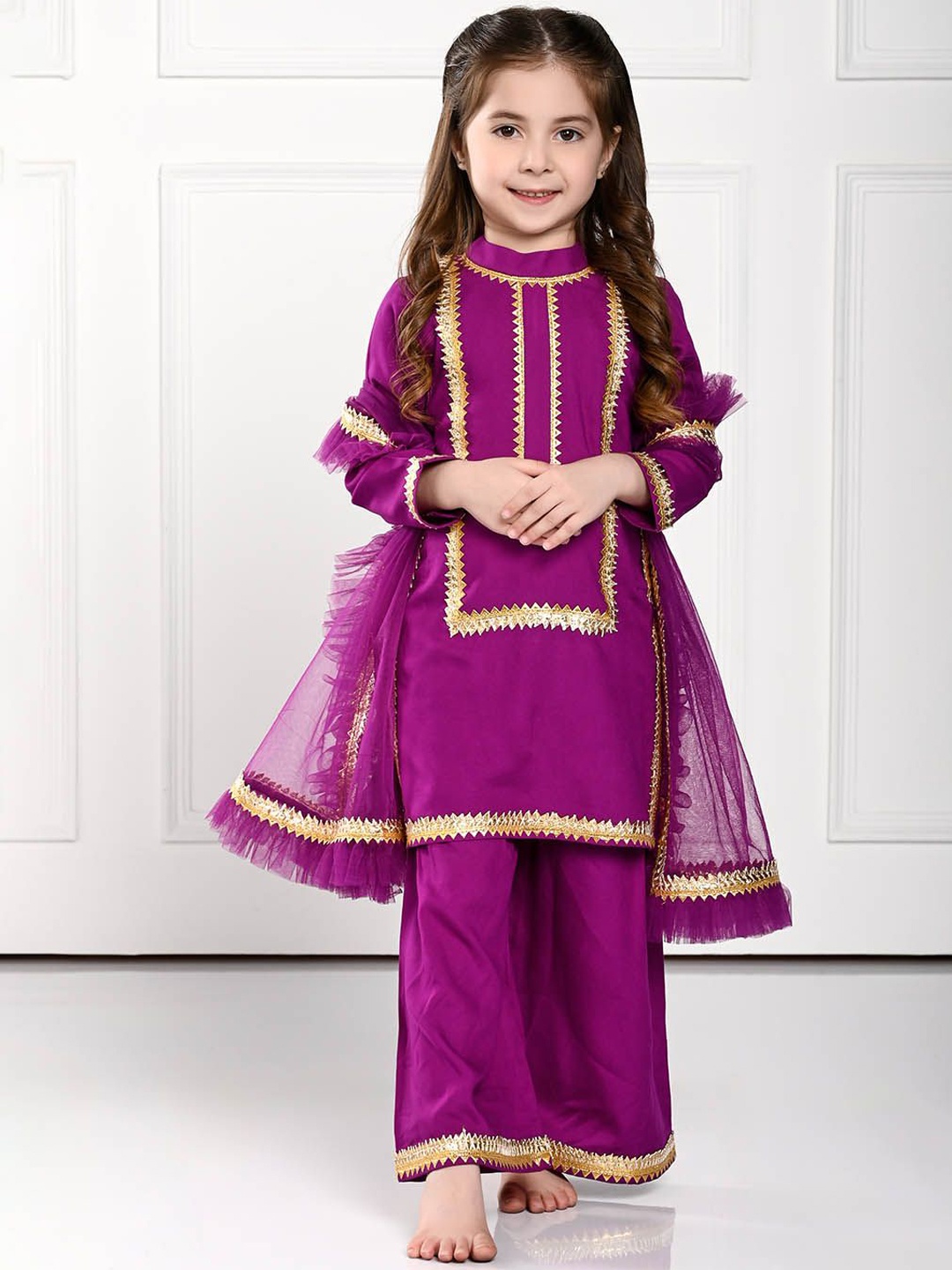

THE PONY & PEONY CO. Girls Gotta Patti Straight Kurta With Palazzos & Dupatta, Purple