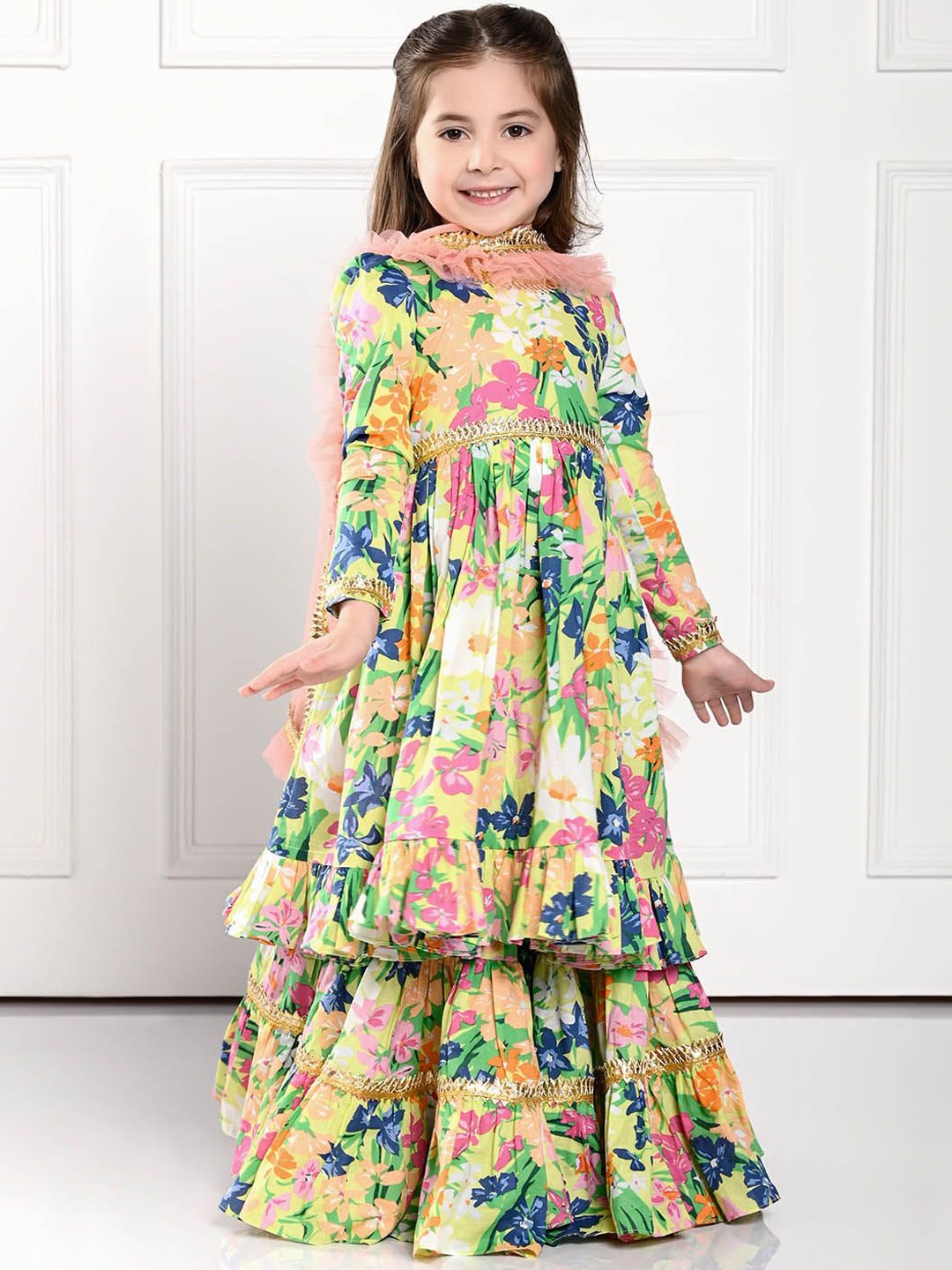 

THE PONY & PEONY CO. Girls Printed Gotta Patti Anarkali Kurta With Sharara & Dupatta, Green