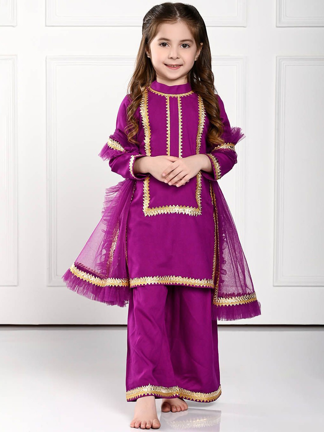 

THE PONY & PEONY CO. Girls Gotta Patti Straight Kurta with Palazzos & Dupatta, Purple