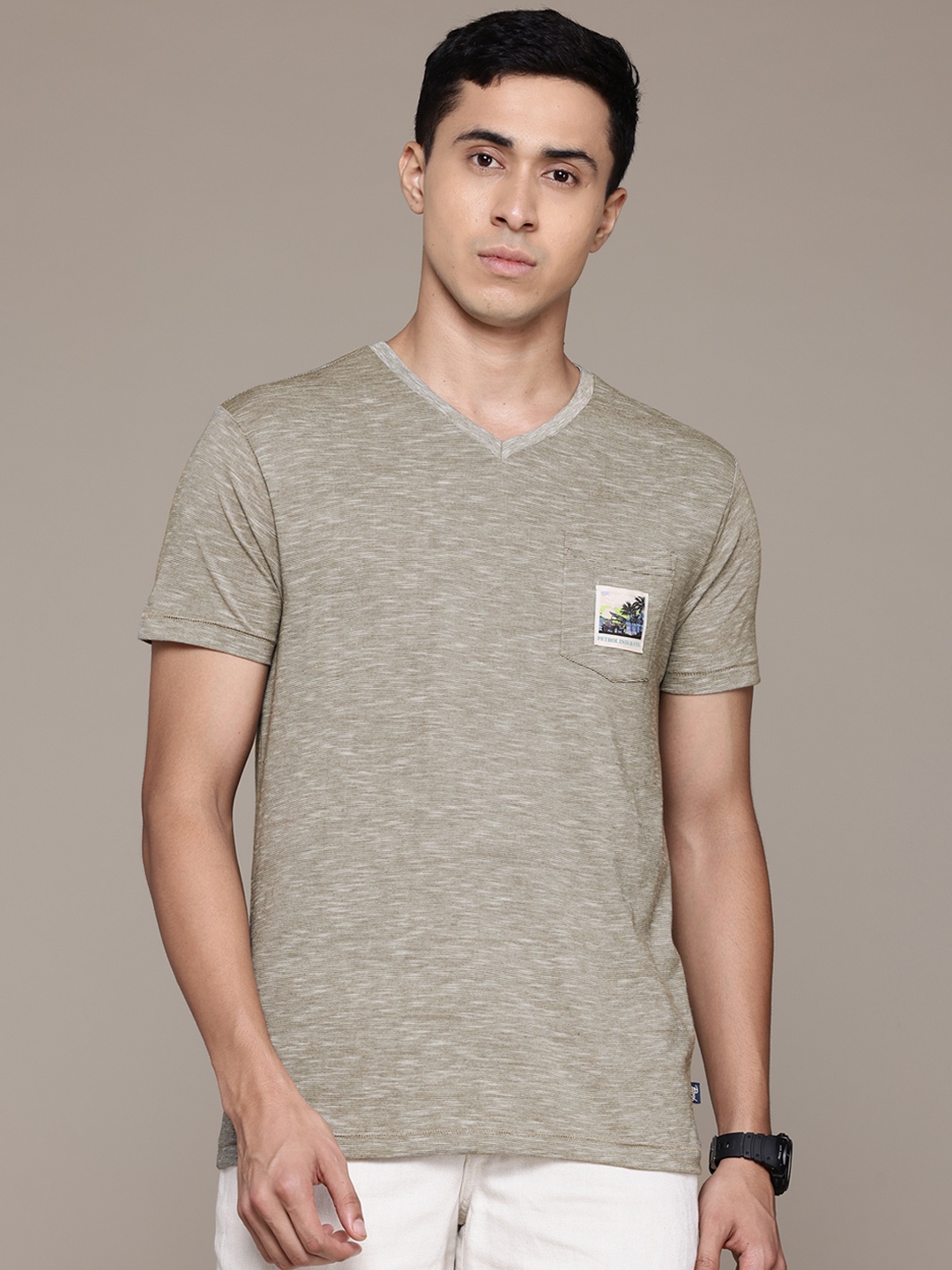 

Petrol Melange Effect V-Neck T-shirt, Olive