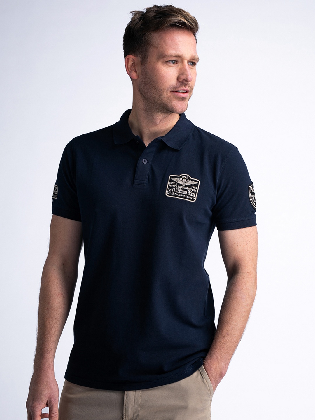 

Petrol Typography Printed Polo Collar Pure Cotton Applique T-shirt, Navy blue