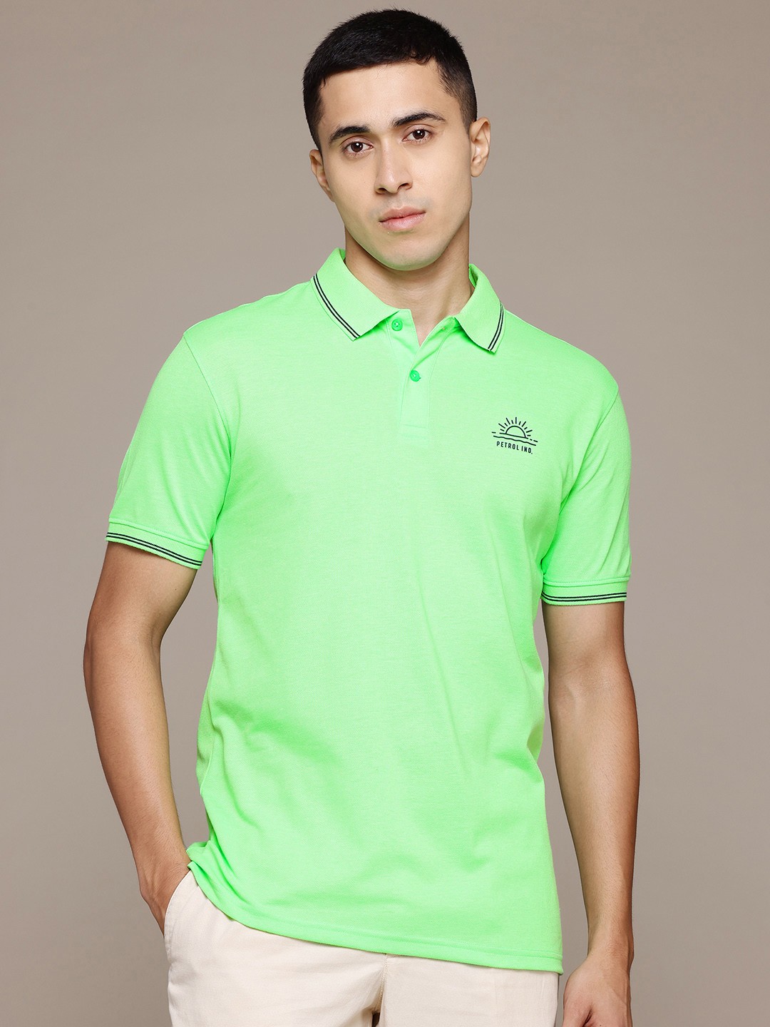 

Petrol Polo Collar Pure Cotton T-shirt, Fluorescent green