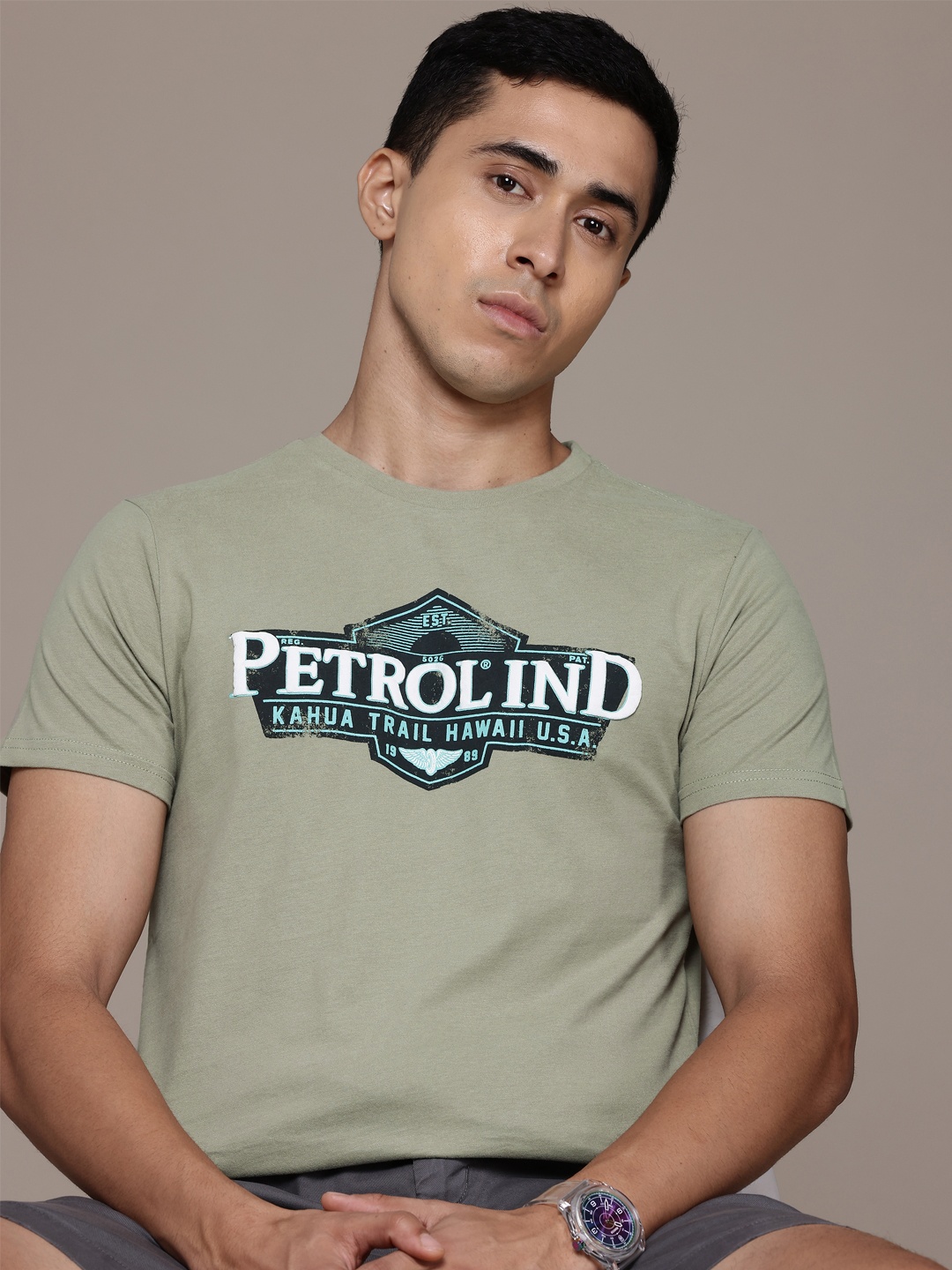 

Petrol Men Typography Printed Pure Cotton T-shirt, Olive