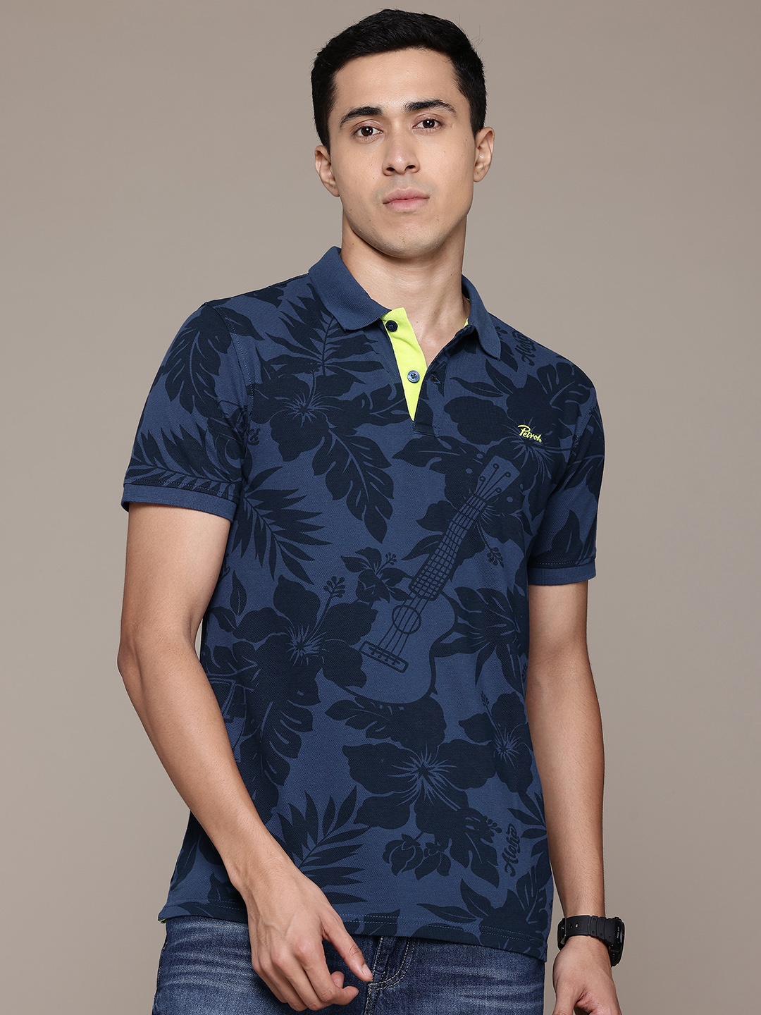 

Petrol Tropical Printed Polo Collar Pure Cotton T-shirt, Blue