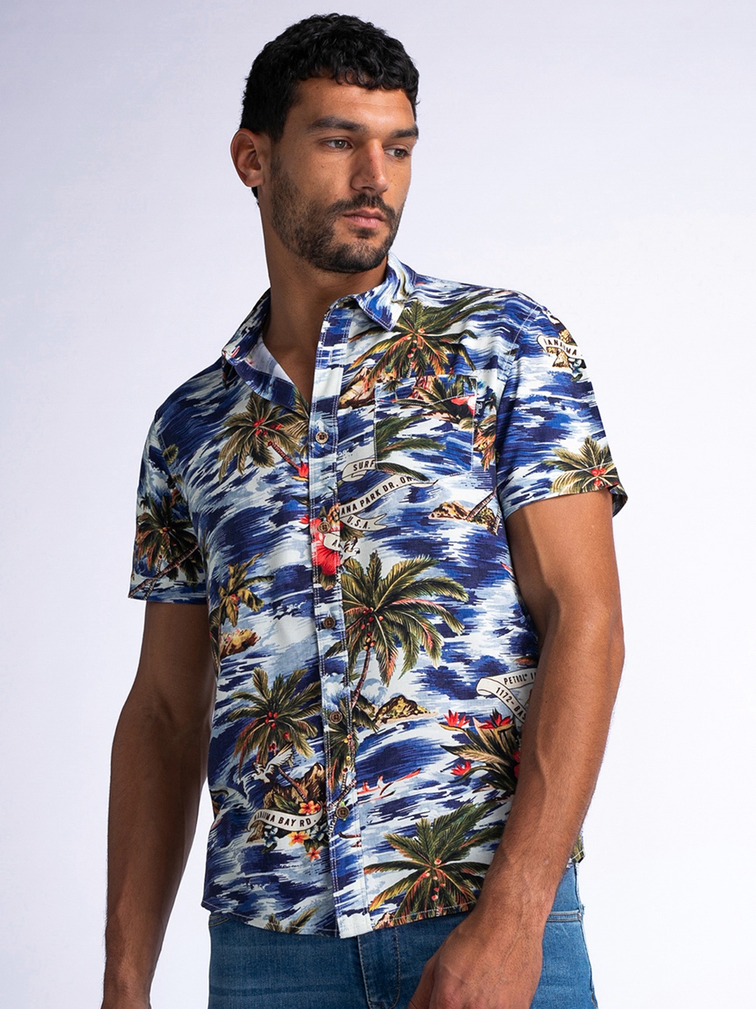 

Petrol Opaque Printed Casual Shirt, Blue