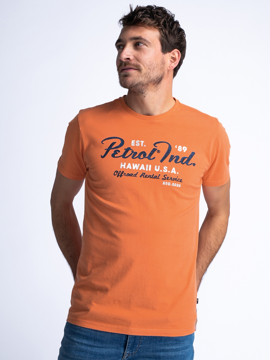 Petrol Typography Printed Pure Cotton T-shirt, Orange