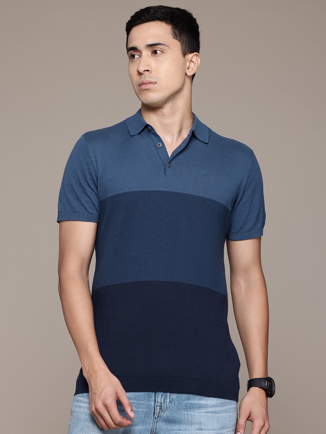 

Petrol Colourblocked Polo Collar Pure Cotton T-shirt, Blue