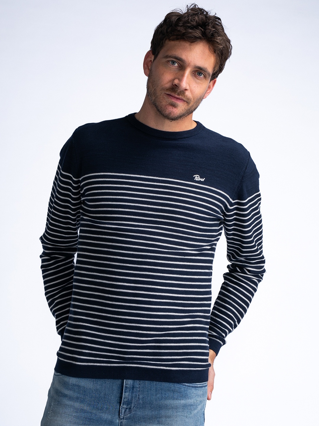 

Petrol Striped Pure Cotton Pullover, Navy blue