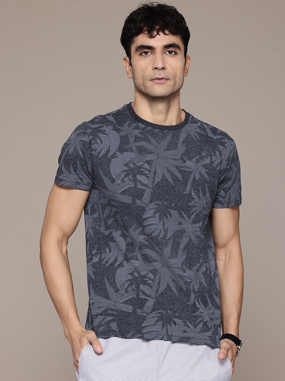 

Petrol Tropical Printed Pure Cotton T-shirt, Grey