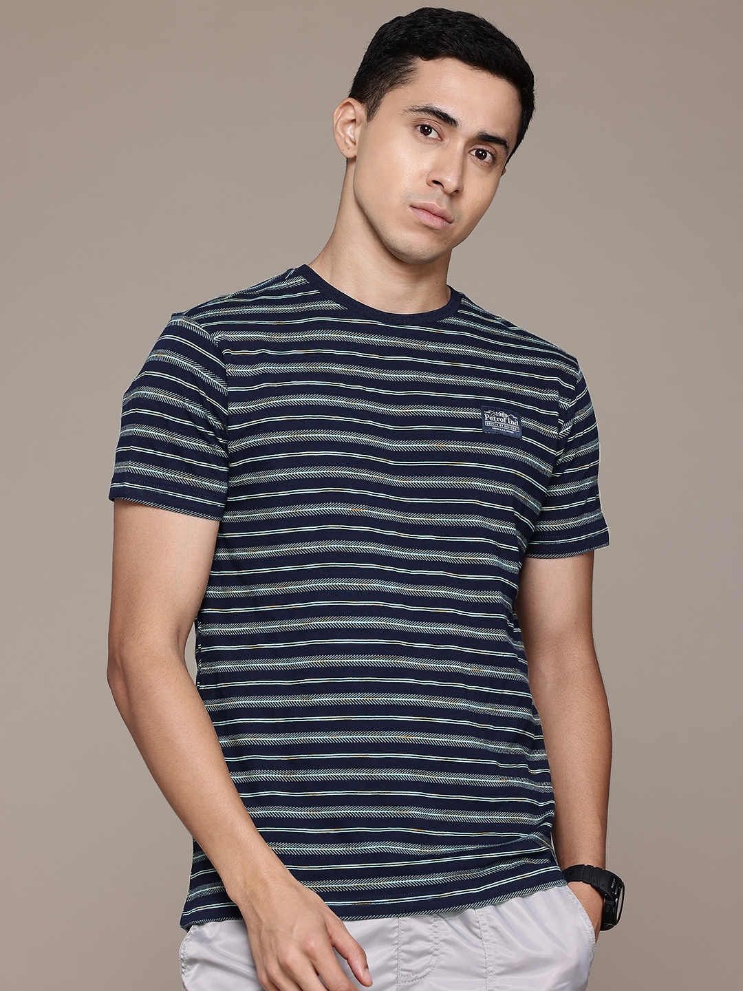 

Petrol Men Striped Pure Cotton T-shirt, Navy blue