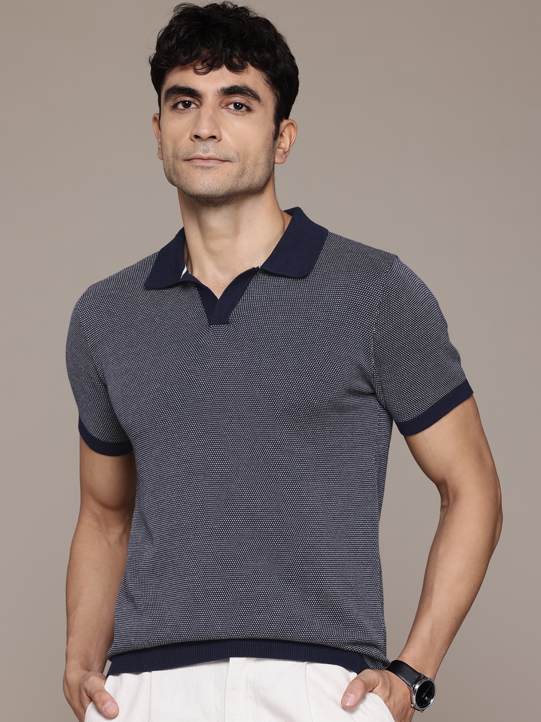 

Petrol Men Polo Collar Pure Cotton Knitted T-shirt, Navy blue