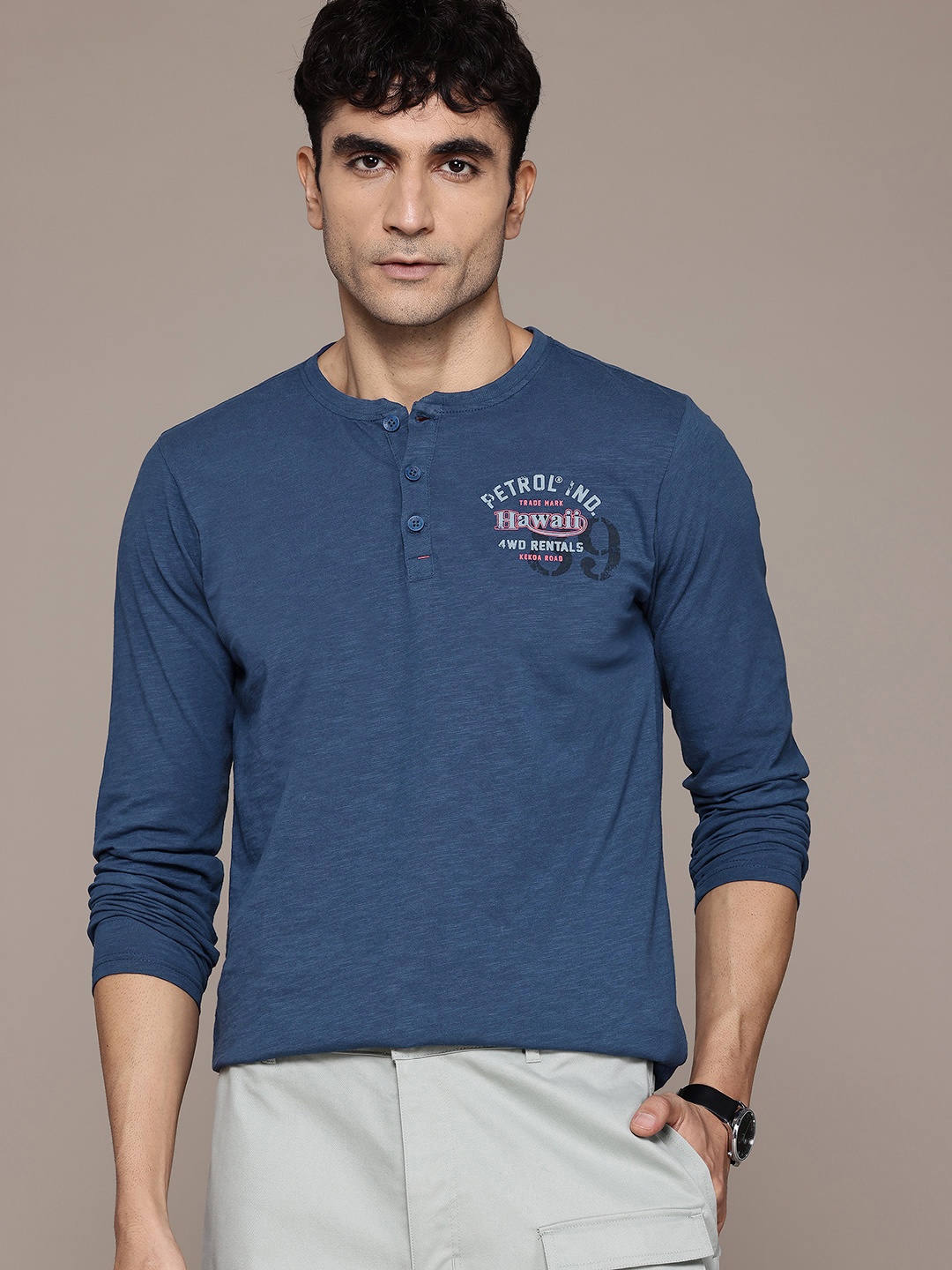 

Petrol Henley Neck Pure Cotton T-shirt, Navy blue