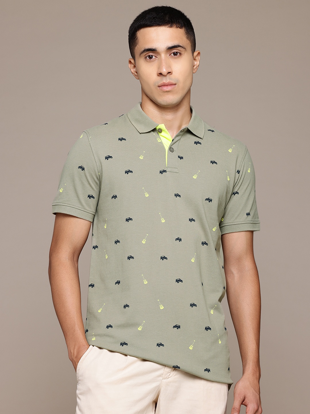 

Petrol Printed Polo Collar Pure Cotton T-shirt, Green