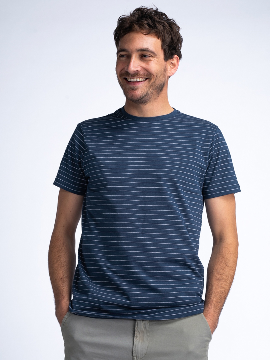 

Petrol Striped Pure Cotton T-shirt, Navy blue