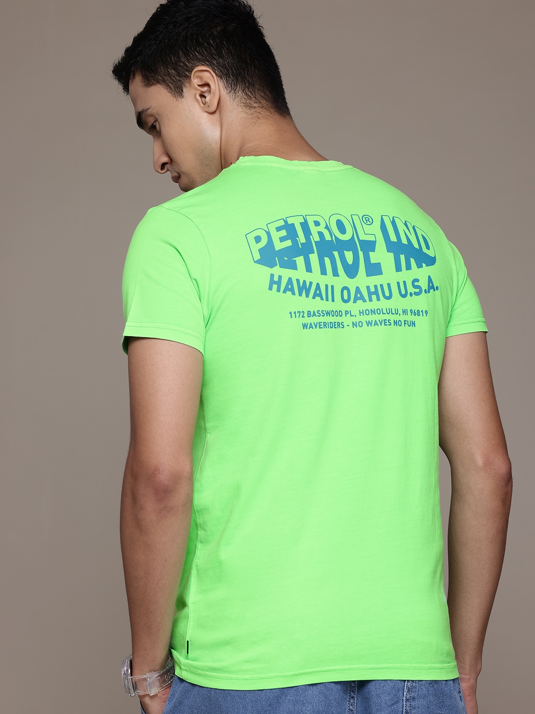 

Petrol Men Typography Pure Cotton T-shirt, Fluorescent green