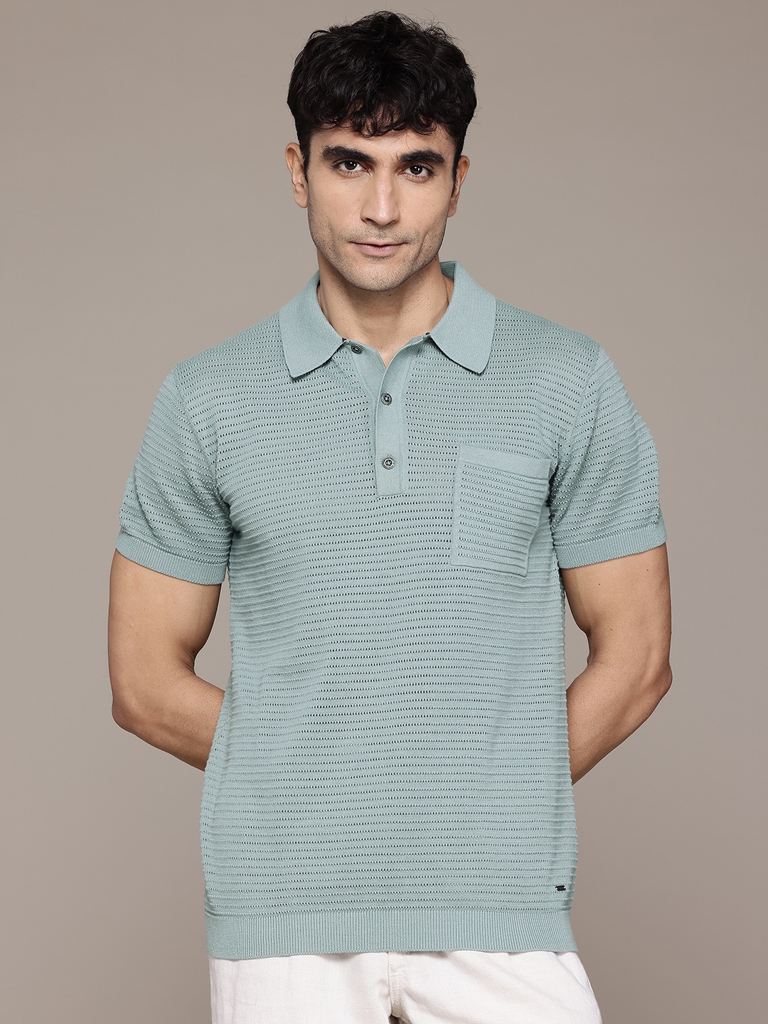 

Petrol Ribbed Pure Cotton Pocket Polo Collar T-shirt, Blue