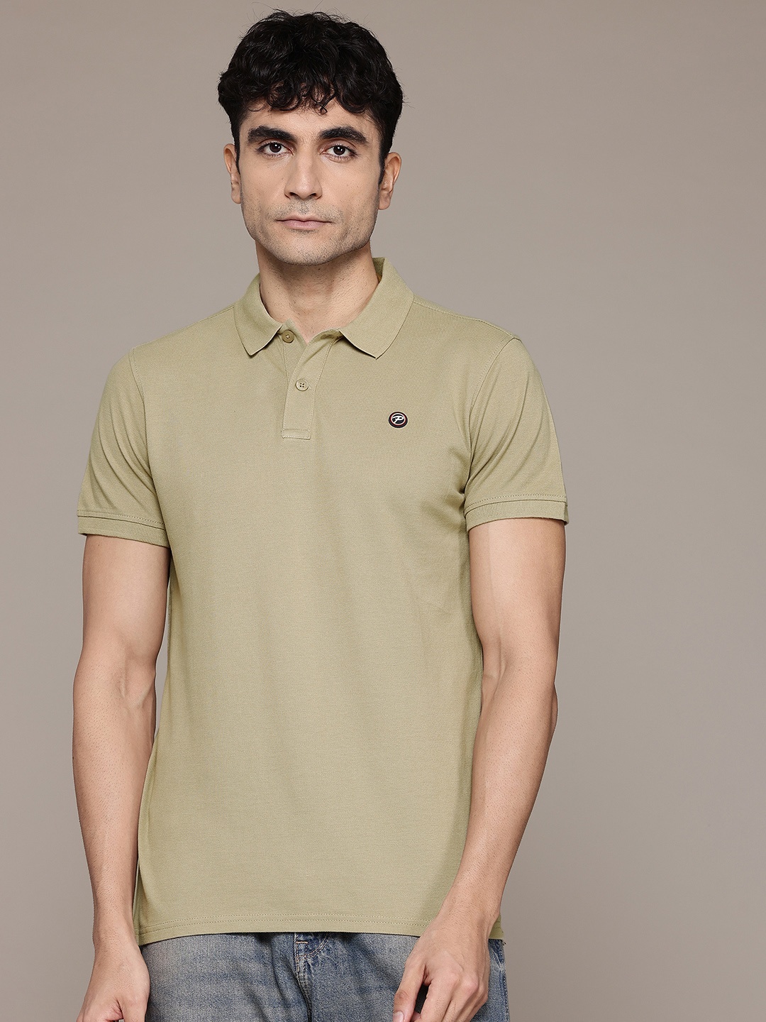 

Petrol Pure Cotton Polo Collar T-shirt, Beige