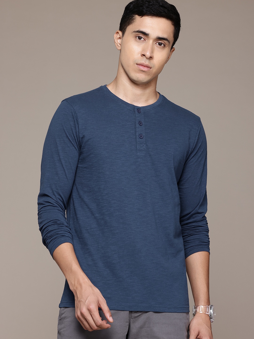 

Petrol Henley Neck Pure Cotton T-shirt, Navy blue