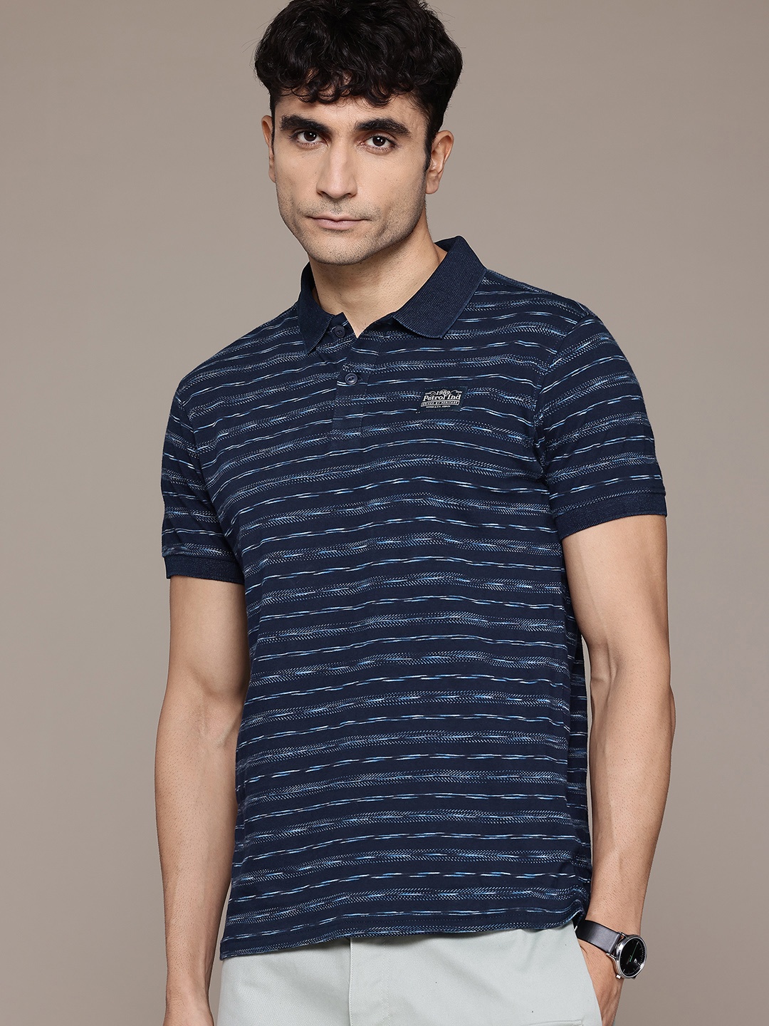 

Petrol Striped Pure Cotton Polo Collar T-shirt, Navy blue