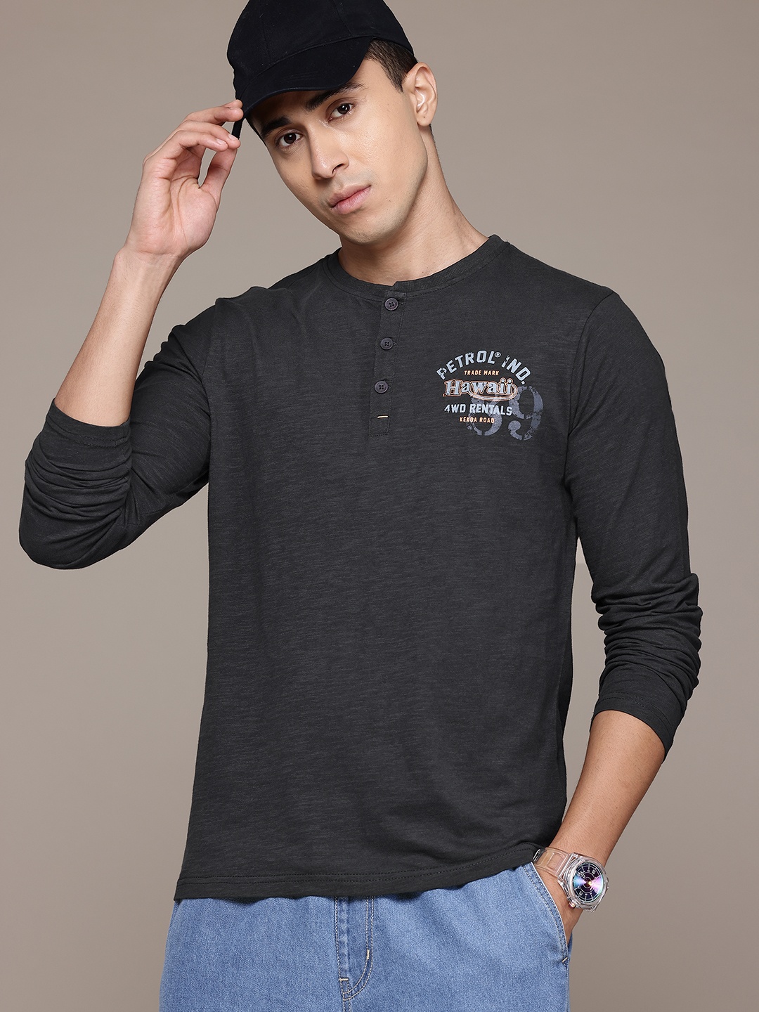 

Petrol Henley Neck Pure Cotton T-shirt, Charcoal