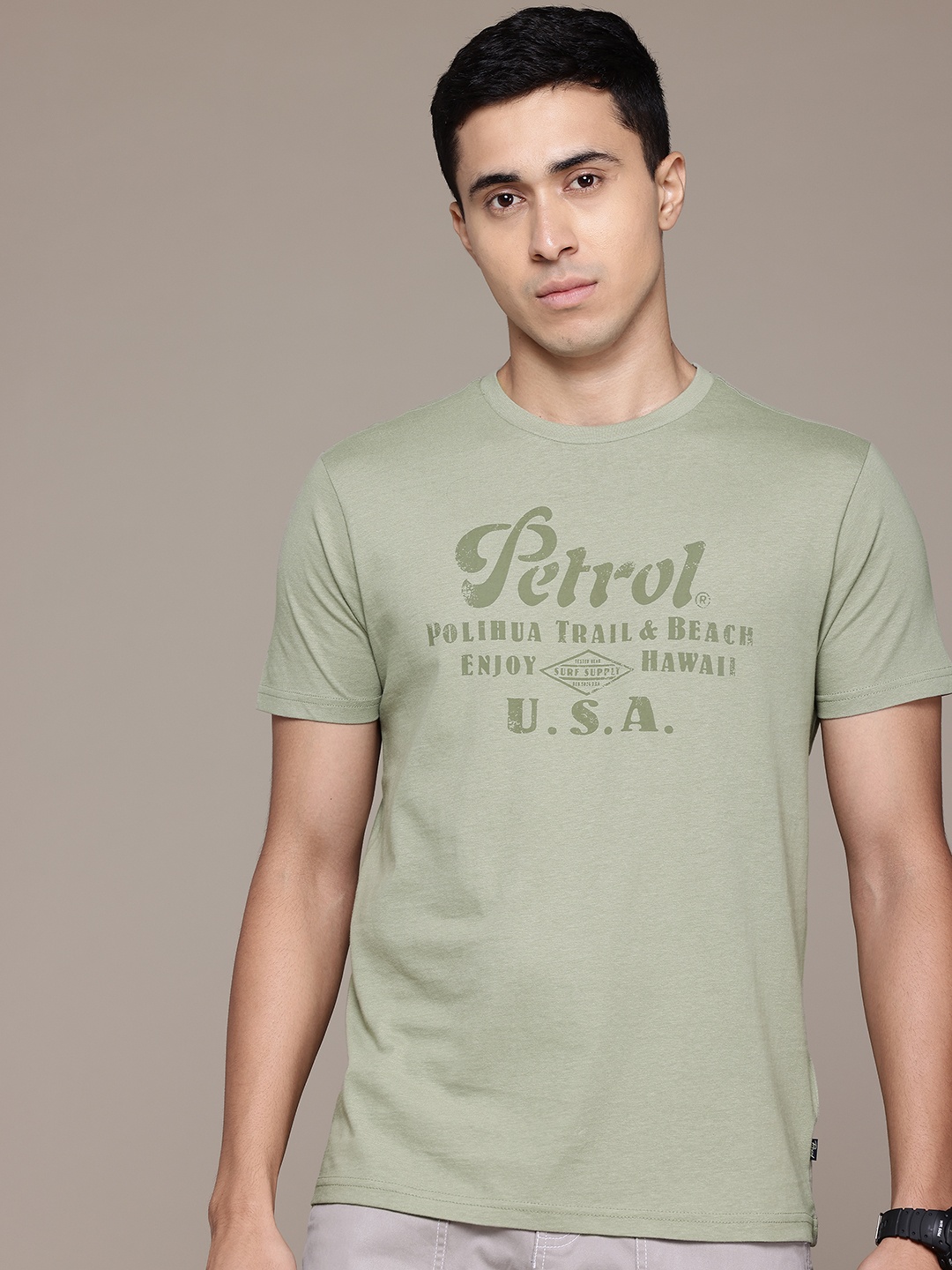 

Petrol Men Typography Printed Pure Cotton T-shirt, Olive