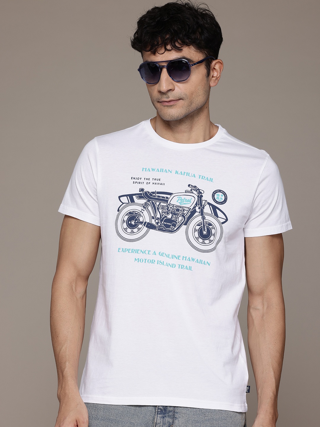 

Petrol Printed Pure Cotton T-shirt, White