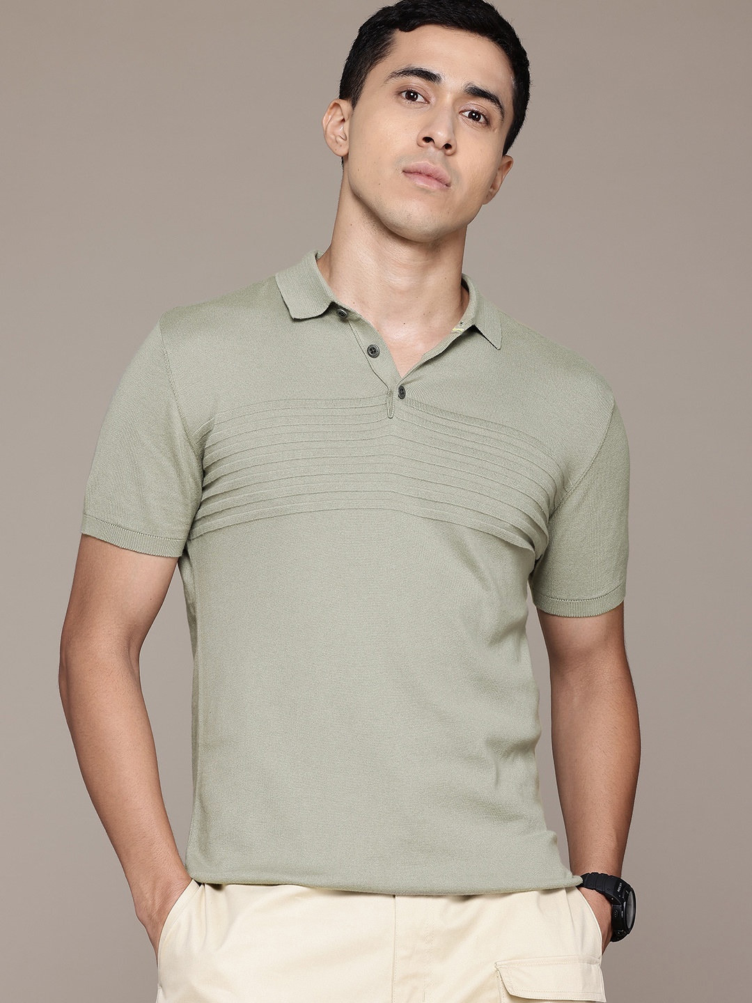 

Petrol Men Polo Collar Pure Cotton Knitted T-shirt, Green