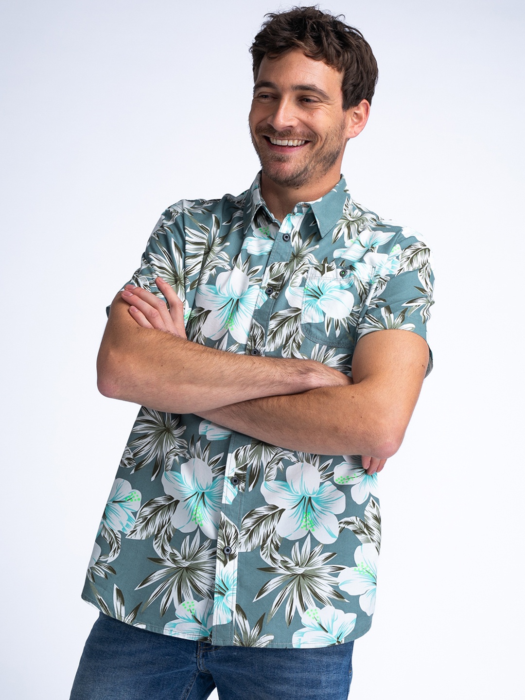 

Petrol Floral Print Casual Shirt, Blue