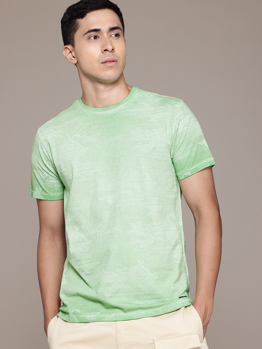 

Petrol Men Self Design Pure Cotton T-shirt, Green