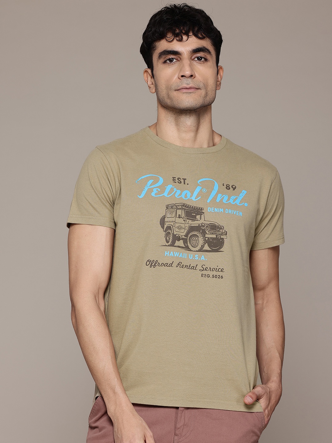 

Petrol Printed Pure Cotton T-shirt, Olive