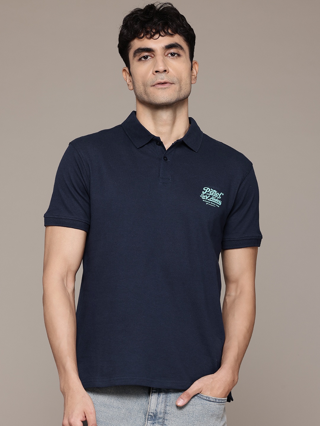 

Petrol Polo Collar Pure Cotton T-shirt, Navy blue