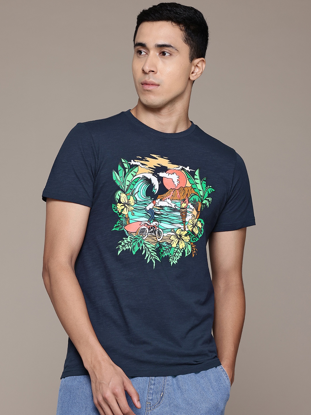 

Petrol Printed Pure Cotton T-shirt, Navy blue