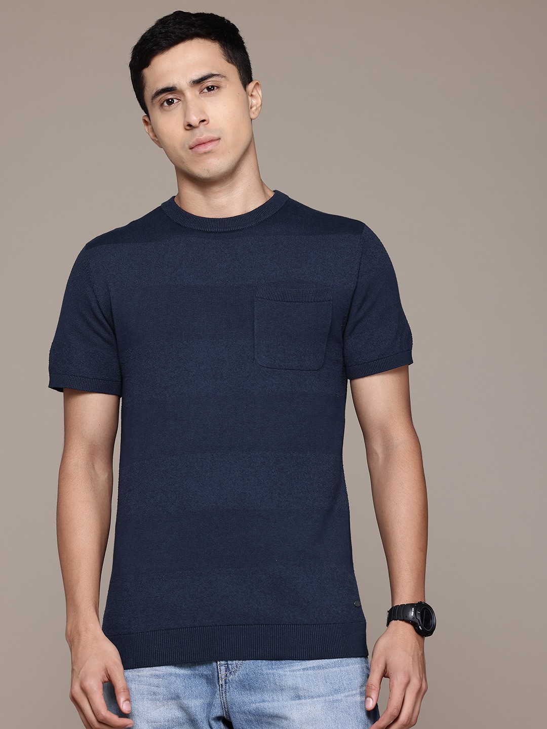 

Petrol Knitted Striped T-shirt, Navy blue
