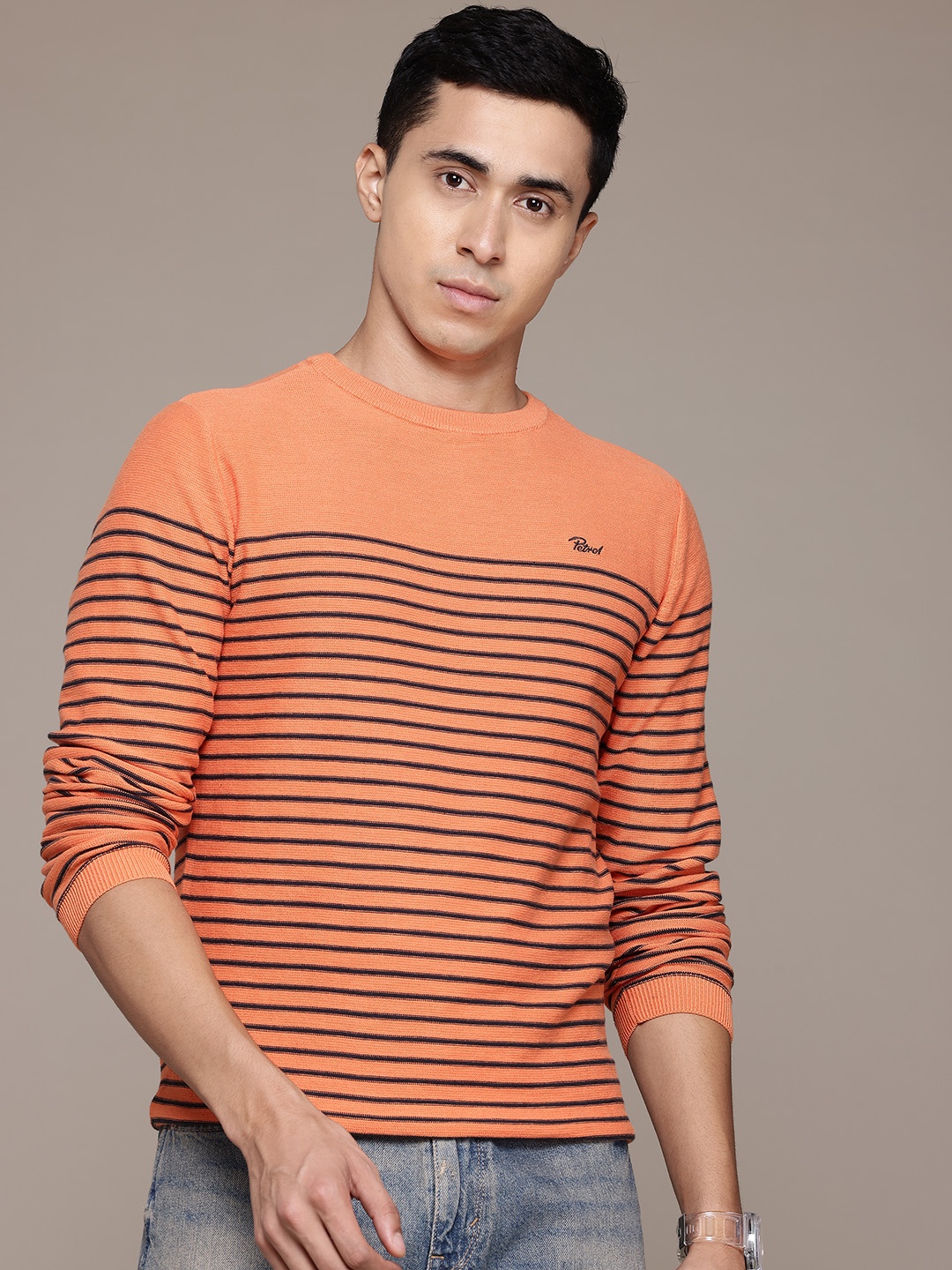 

Petrol Pure Cotton Striped Pullover, Orange