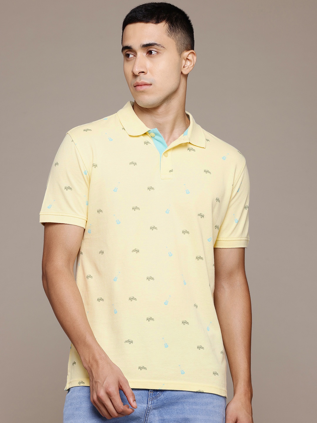 

Petrol Printed Polo Collar Pure Cotton T-shirt, Cream