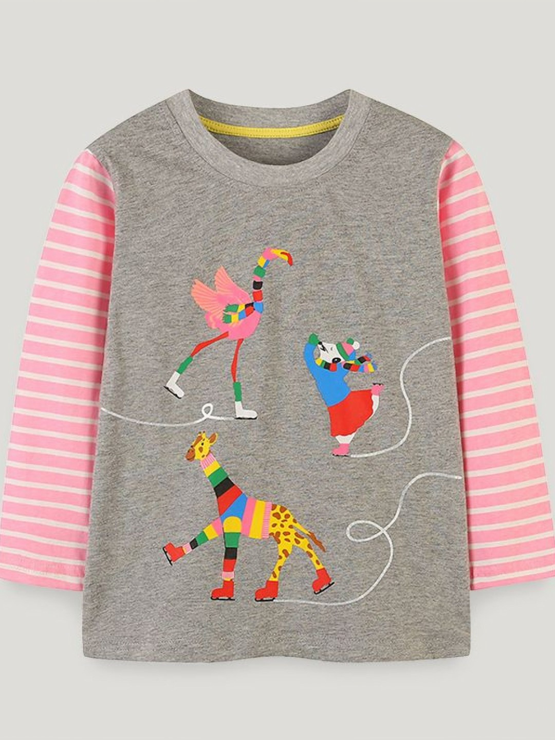 

StyleCast Girls Printed Striped Round Neck Cotton T-shirt, Grey