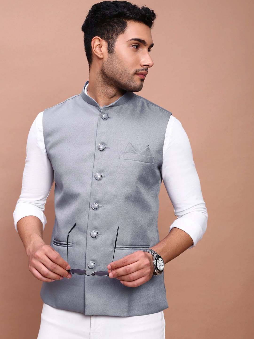 

SHOWOFF Woven Design Slim Fit Nehru Jackets, Grey