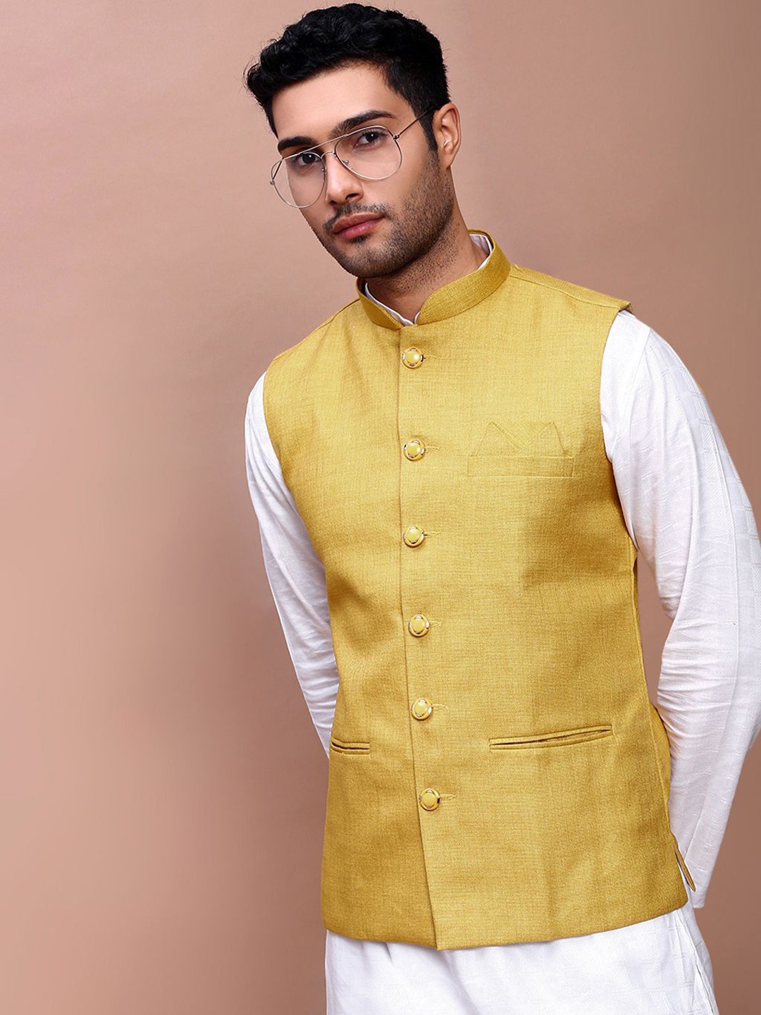 

SHOWOFF Slim Fit With Mandarin Collar Nehru Jackets, Mustard