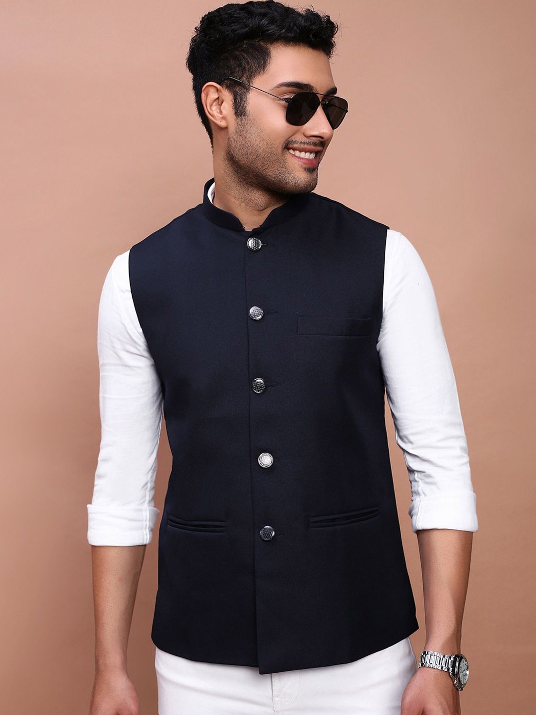 

SHOWOFF Woven Slim-Fit Nehru Jackets, Navy blue